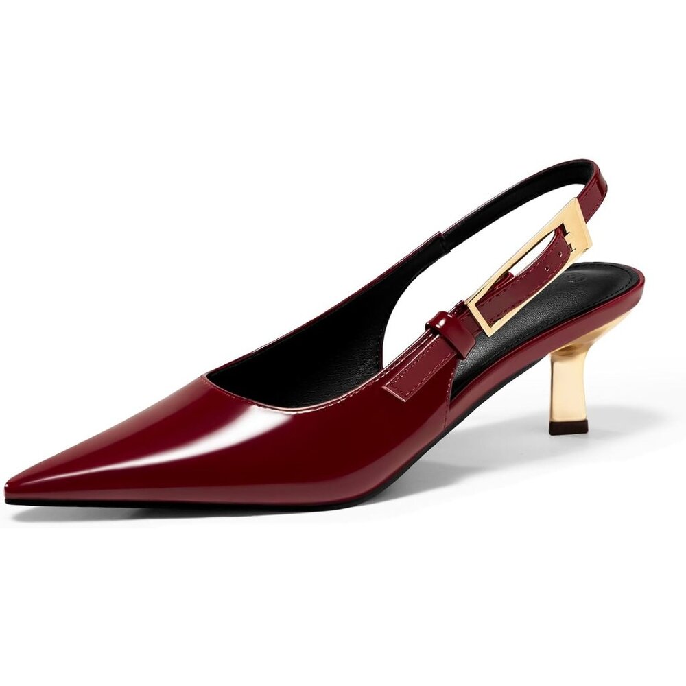 Women's Burgundy Slingback Kitten Heels Closed Pointed Toe Pumps‎ Buckle Strap